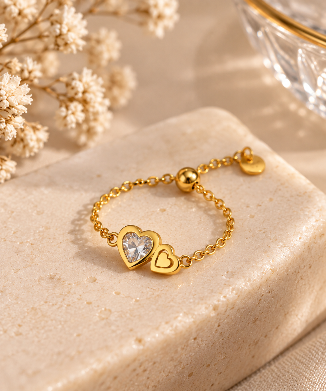 Double Heart Gold Plated Chain Ring