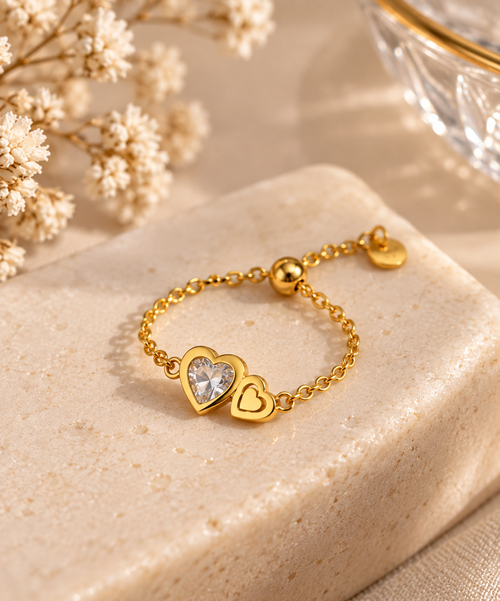 Double Heart Gold Plated Chain Ring