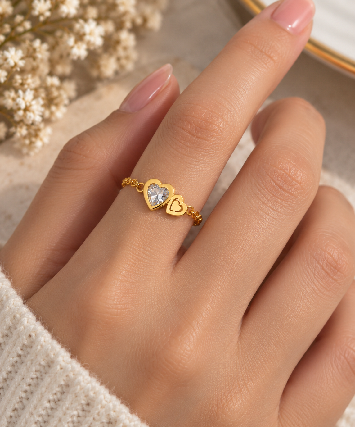 Double Heart Gold Plated Chain Ring