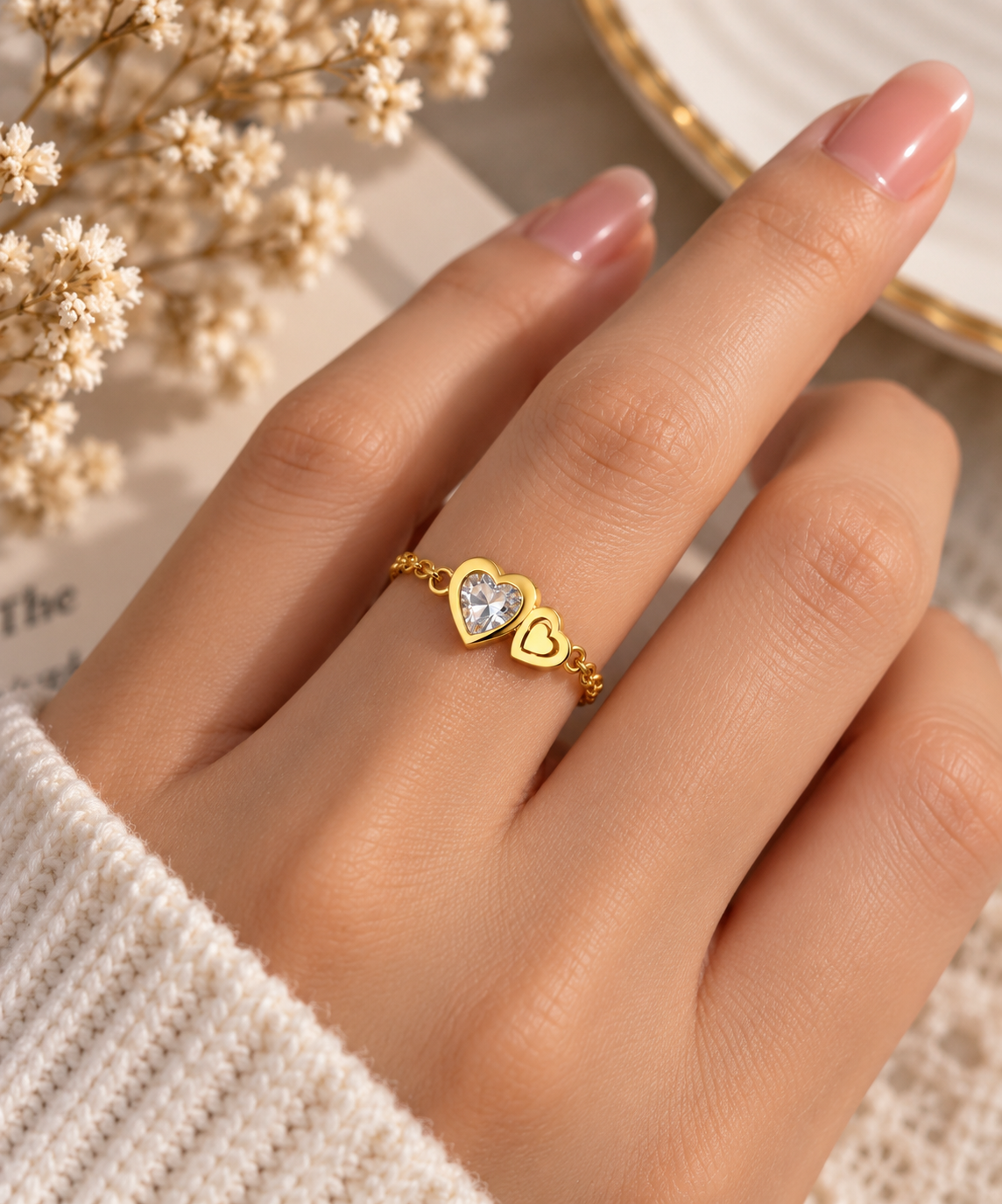 Double Heart Gold Plated Chain Ring